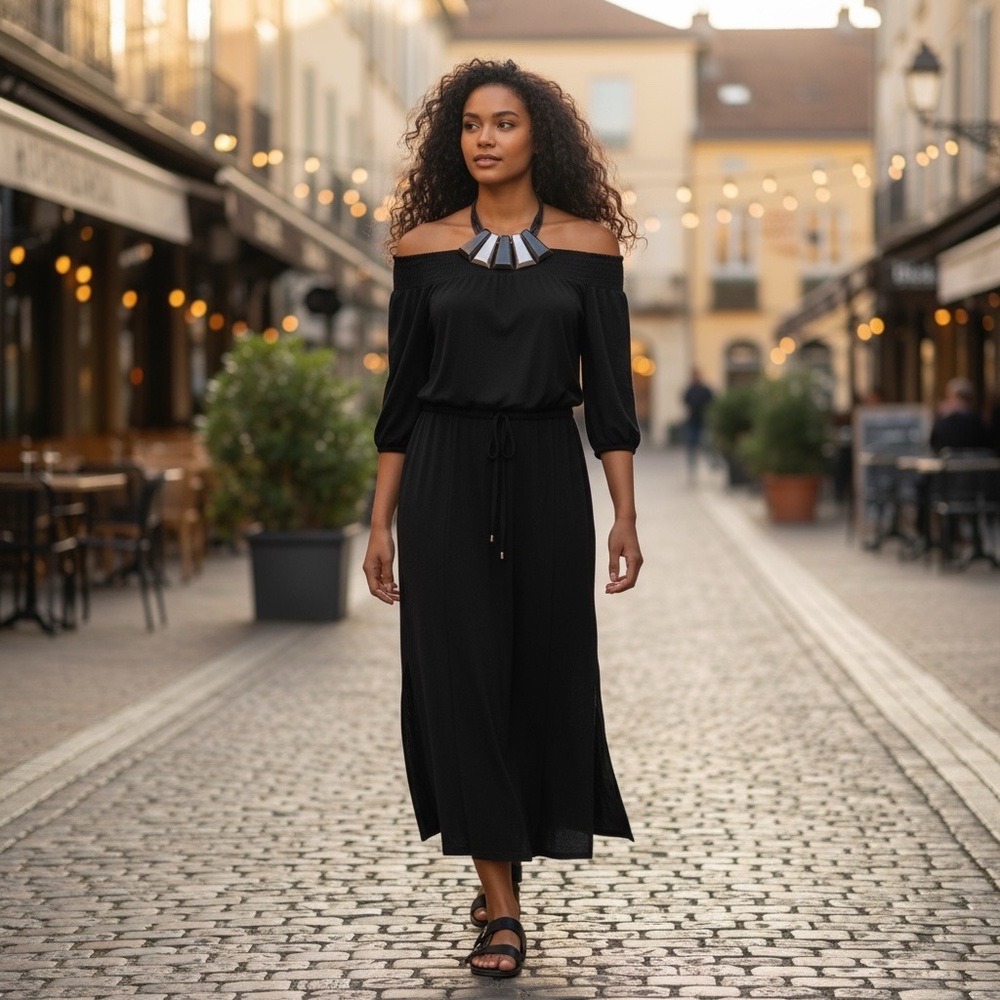 Ella Moss Black Off-Shoulder Smocked Neckline Midi Dress M